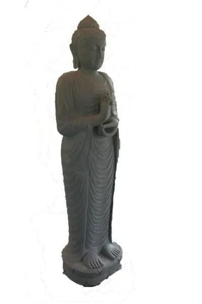 Product image of the product “Standing Buddha made of Riverstone in Dharmachakra position - gesture of wheel of the teaching of Dharma. About 180cm height. ”